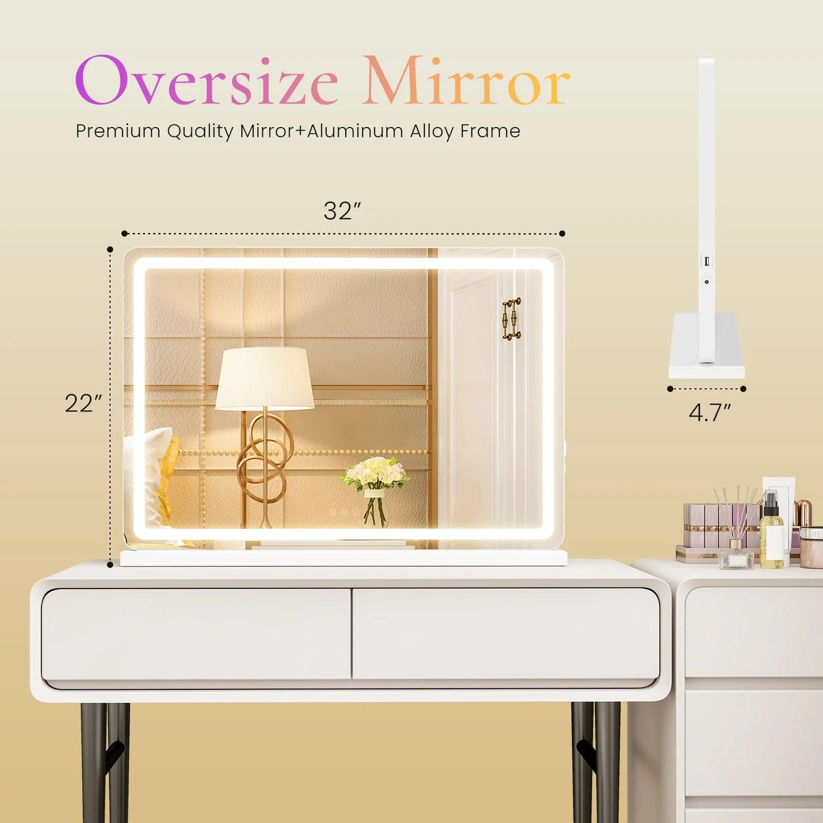 JHK LED Vanity Mirror with Lights Aluminum Frame - Dimmable - 3 Color Modes