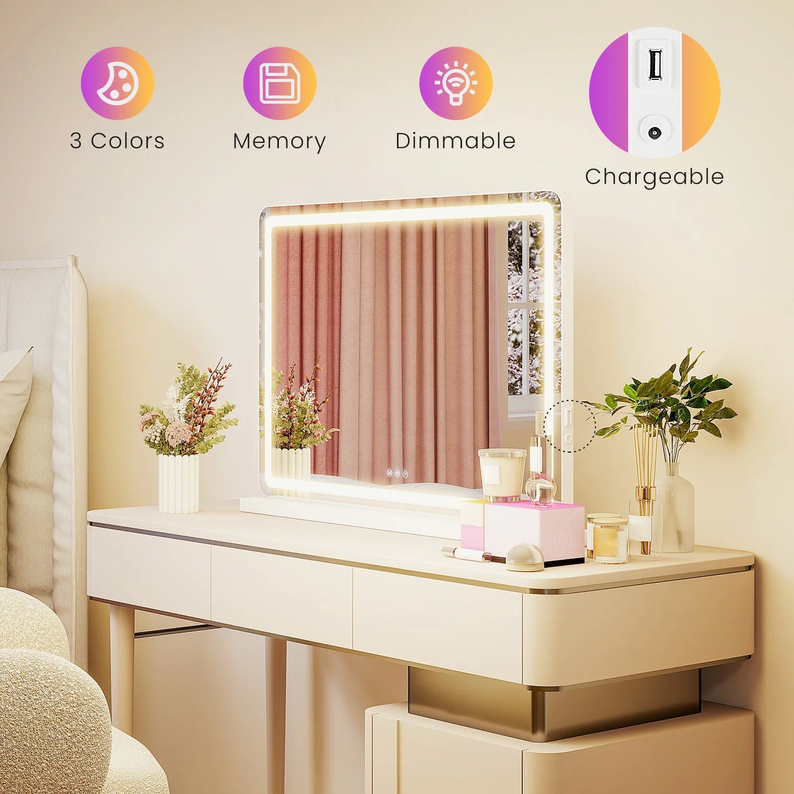 JHK LED Vanity Mirror with Lights Aluminum Frame - Dimmable - 3 Color Modes